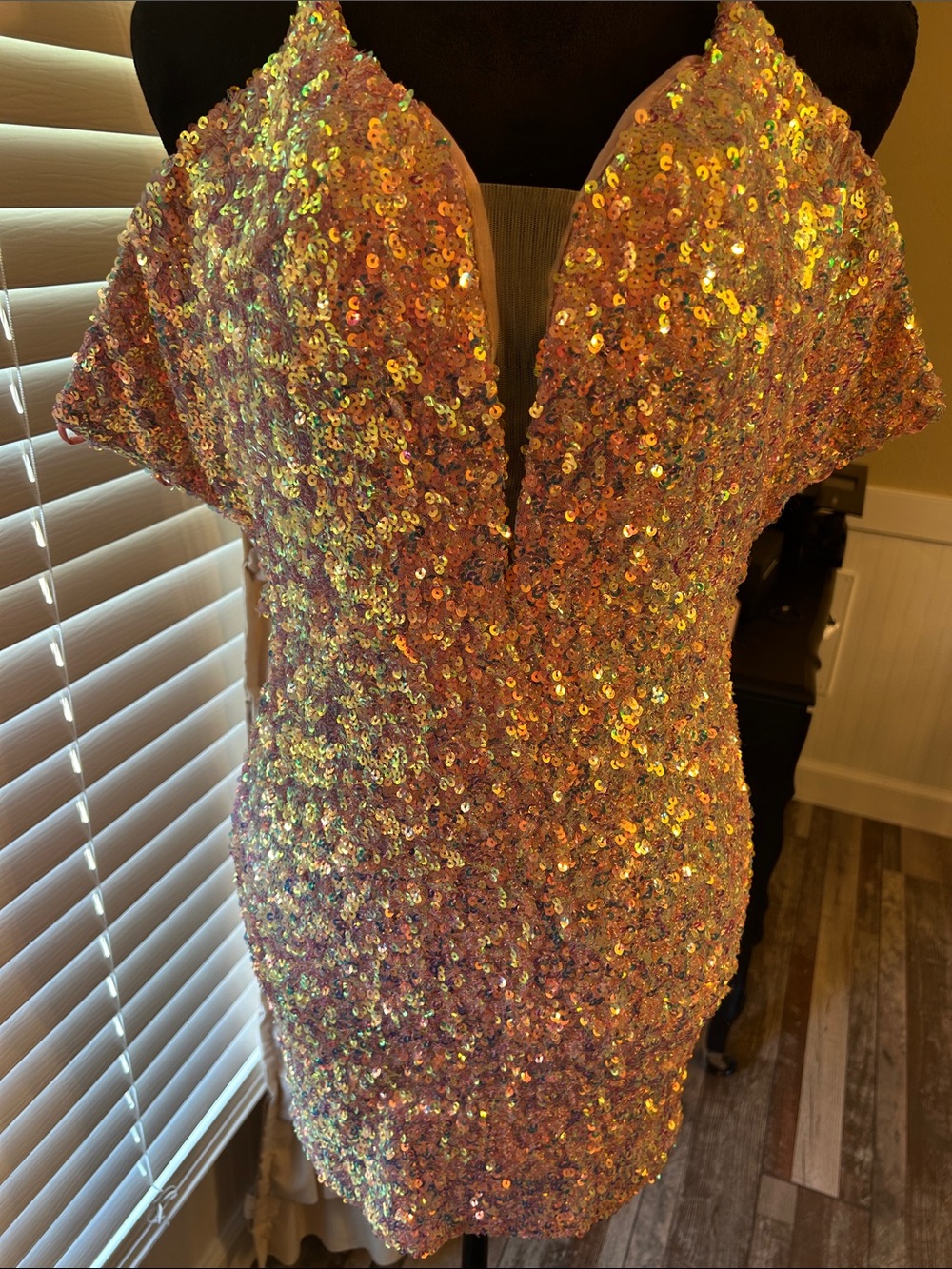 Iridescent Pink Sequin Mini Dress with Plunging V-Neck